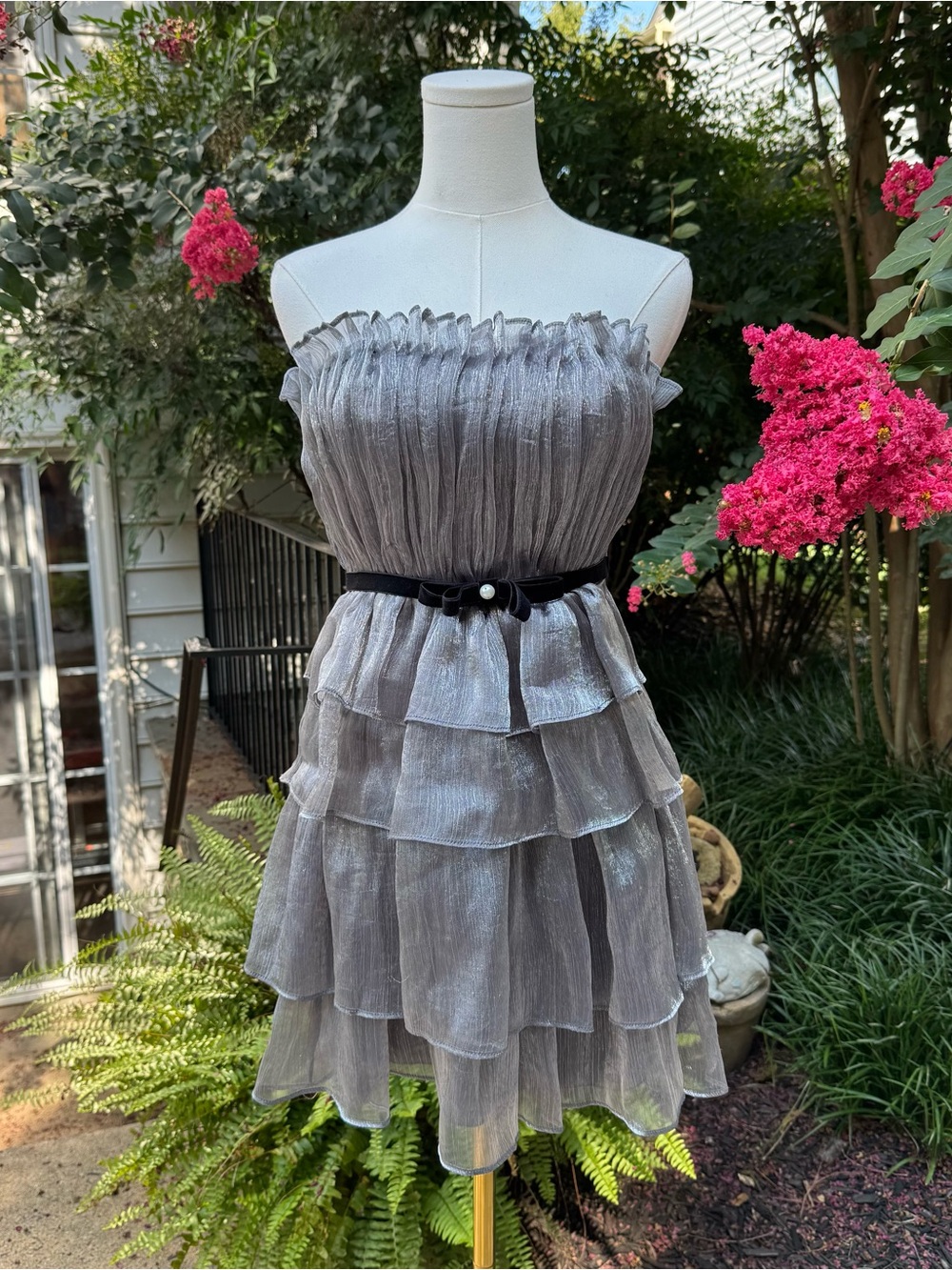City Studio Strapless Shimmery Silver Ruffle Tier Dress with Velvet Waist